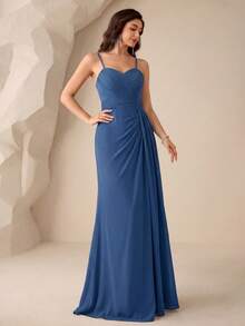 UNITHORSE Vestido de dama de honor de gasa con tirantes finos, cintura fruncida y abertura para boda - Neblina azul - Ver 3