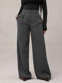 Pantalones anchos de pierna ancha de color café oscuro de moda minimalista para mujeres, pantalones de oficina de pierna ancha de color marrón para mujeres con cintura alta, pantalones de traje marrón para otoño/invierno - Gris - Ver 6