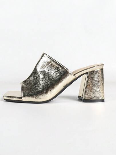 Summer New Gold Metal Square Toe Thick Heel Mule Slippers Women, Outdoor One-Strap High Heel Sandals