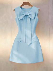 Vestido de mujer de unicolor, cuello redondo, ajustado, con lazo delantero y sin mangas - Azul - Ver 3