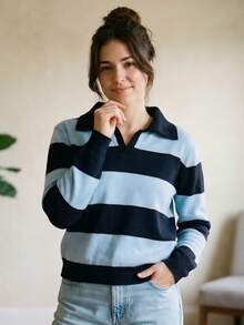 Women's Ribbed Knit Polo Shirt With Striped Neckline, Long Sleeves, V-Neck, Casual Autumn Knit - 瑪薩拉紅/嬰兒粉 - 查看 6