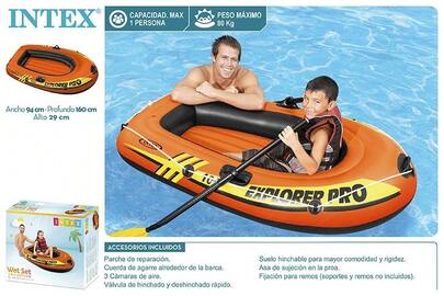 Intex Barco hinchable Explorer Pro 100. Incluye 3 cámaras de aire y otra auxiliar, asa resistente en proa y cuerda de sujeción. Fabricado de vinilo resistente y suelo hinchable. Capacidad: 1 persona (80 kg), mide 160x94x29 cm