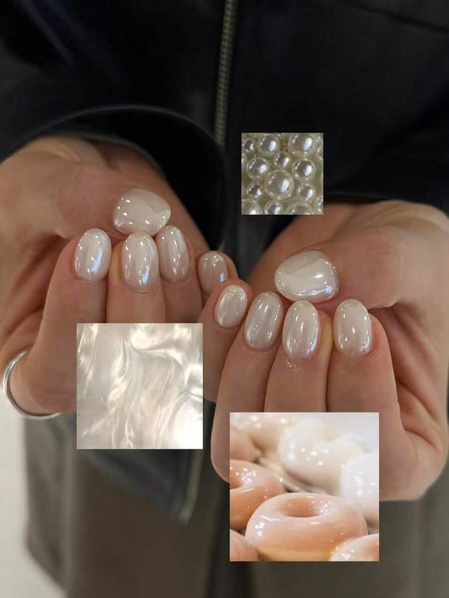 24片白色金属亮面椭圆形美甲贴纸套装,包含1瓶凝胶胶水和1把指甲锉,易于佩戴,适合女性日常佩戴和派对场合。 - 白色 - 查看 1