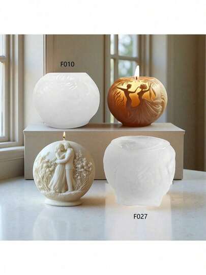 Romantic Couple Kissing Silicone Mold, Spherical Candle With Floral Relief Design