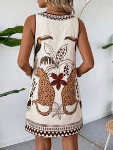 Vestido casual de verano para vacaciones en la playa, de algodón y lino con textura, color albaricoque, sin mangas y corte recto para mujeres - Multicolor - Ver 2