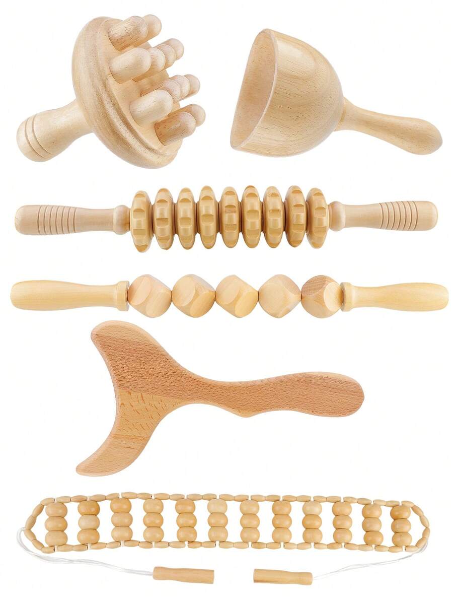 6合1木製按摩器 手持式按摩滾輪 激發點按摩器 適用於全身按摩 放鬆肌肉 塑形 筋膜放鬆 淋巴排毒 幫助減少脂肪堆積 - 彩色 - 查看 1