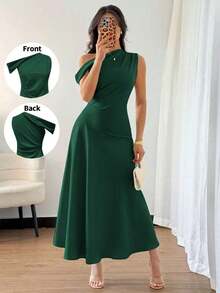 Elenzya Vestido elegante, de moda y lindo de estilo bohemio francés con volante asimétrico en el hombro y diseño entallado y acampanado en color verde macaron, adecuado para ocasiones de verano como vacaciones, graduación, Día de la Independencia, citas, vacaciones - Verde Oscuro - Ver 6