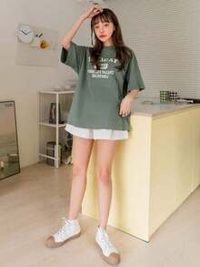 Camiseta de verano oversize con gráfico de letras y hombros caídos - Verde Oscuro - Ver 10
