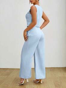 PETITE Conjunto de dos piezas a rayas para mujer: chaleco de verano y pantalones - Conjunto de dama elegante de ajuste regular con cremallera, camiseta de color caqui y pantalones, atuendo casual de dos piezas para uso diario en primavera/otoño - Celeste - Ver 2