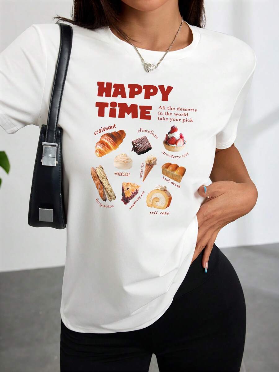 Women's Fashion White T-Shirt Happy Time Desserts Print Croissant Chocolate Strawberry Tart Cake Roll And More Comfortable Casual Wear For Daily Life Cafe Outing - 白色 - 查看 1