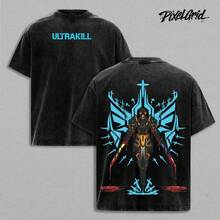 Ultrakill Gabriel Fallen Angel Gaming T-Shirt, Double-Sided, Heavyweight Washed Cotton Fabric, Graphic Print, Gaming Style, Crew Neck, Relaxed Fit, Casual Urban Style. XNDK - 黑色 - 查看 11