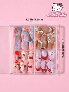 SANRIO 96片装（4种不同款式/盒）三丽鸥Hello Kitty短椭圆法式美甲贴纸，包含可爱的3D Hello Kitty、豹纹、波点、蝴蝶结、花朵、海豚和爱心图案，以及水晶猫眼设计，粉嫩少女风，完美适配亚克力美甲套装，内含1瓶果冻胶和1把指甲锉，适合女性日常派对使用。 - 彩色 - 查看 6
