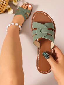 Ximi Ruo Wide Fit Rhinestone Embellished Comfortable Slippers, Korean Casual Flat Sandals For Women, Open Toe Slides For Spring, Summer, Beach, Casual Wear - Olive Green - View 5