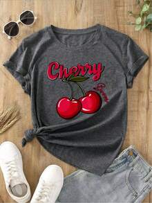 YOCASA Women's Casual Summer T-Shirt, Round Neck, Fitted, Short Sleeve, With Oil Painting Print, Floral, Heart, Cherry, And Letter Patterns. Simple Casual Fabric, Sporty Style, Ideal For Everyday Wear And Valentine's Day Dates. 1 Piece, 180g Pure Heavy, 95% Polyester 5% Spandex. 100% Cotton Durable - 灰色的 - 查看 2