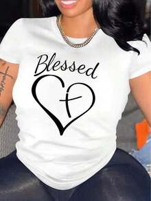 Women's Clothing. Tropical Vacation Outfits For Women, Short-Sleeved T-Shirt With A Round Neck And A Sacred Heart And Cross Design, Suitable As A Valentine's Day Gift. 100% Cotton Outfits, Women's Shirts - 白色 - 查看 2