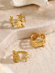 3pcs/Set Stainless Steel 18K Gold Plated Starfish, Shell, Conch Beach Vacation Style Rings Set, Suitable For Women Daily, Summer Beach Travel Wear - Gold - View 5