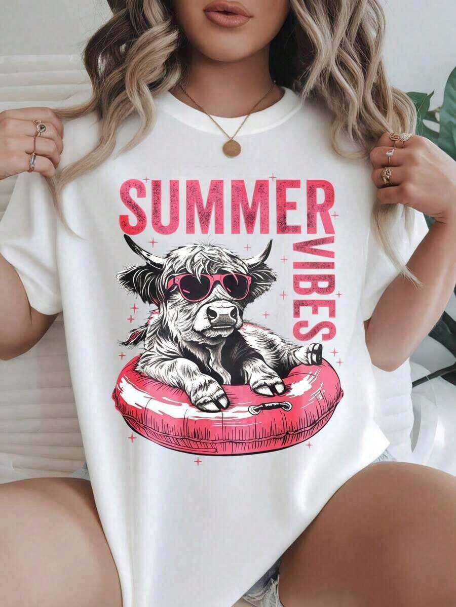 Camiseta Casual de Mujer con Estampado de Vaca con Gafas de Sol, Estilo Veraniego, Adecuada para Todas las Temporadas
-Blanco - Blanco - Ver 1