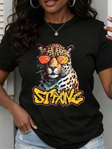 Camiseta de Cuello Redondo para Mujer con Estampado de Leopardo, Gafas de Sol y Texto Fuerte, Manga Corta, Ropa Casual de Verano - Negro - Ver 7