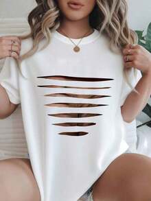 Camiseta Casual de Manga Corta para Mujer - Aberturas Horizontales en la Parte Delantera de la Camiseta, Cuello Redondo, Top de Verano, Lavable a Máquina, Camisetas para Damas, Ropa Casual, Estilo Moderno, Ajuste Cómodo  
 -Blanco - Blanco - Ver 1
