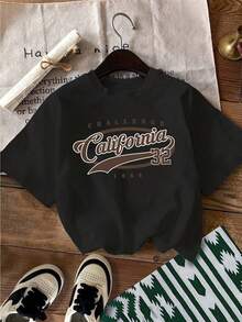 Camiseta con estampado de letras, manga corta, cuello redondo, top casual para verano y primavera, ropa de mujer Y2k Camiseta Camisa De - Negro - Ver 10