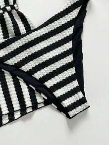 Swim Chiccia Conjunto de shorts y vestido de playa a rayas para vacaciones de mujer - Blanco y Negro - Ver 5