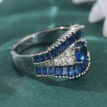 Luxury Retro Wide Band Ring, Blue & White Synthetic Cubic Zirconia Inlaid, Couple's Versatile Design, Suitable For Daily, Holiday, Party Wear - Silver - View 4