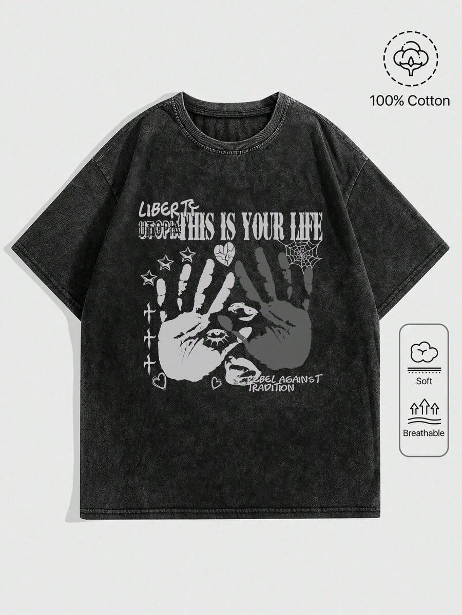 1pc camiseta unisex de corte holgado, cuello redondo y manga corta con efecto desgastado, diseñada por un artista al estilo Y2K, hecha de 1pc00% algodón (220g). Este estilo casual y versátil es perfecto para la moda urbana, el uso diario, campamentos, conciertos y eventos de hip-hop, rock y rap, y presenta un estampado de estrellas. Es una opción ideal. - Negro - Ver 1