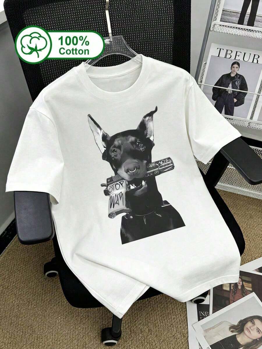 Playeras De Mujer Camiseta De Manga Corta 100% AlgodóN De Uso Diario Casual Con Estampado De Doberman De Dibujos Animados. Adecuada Para Uso Al Aire Libre, Atuendos De Verano Y DiseñOs GráFicos Para Mujer. Blanco - Blanco - Ver 1