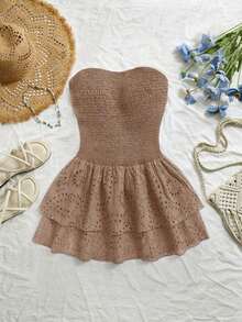 Vestido azul marino con cintura ceñida, plisado, sin tirantes, sexy, calado, con bordado y dobladillo fruncido, estilo vacaciones - Camel - Ver 4