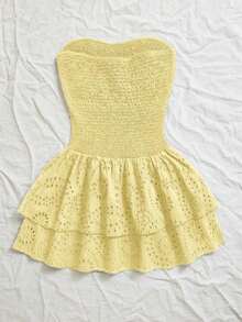 Vestido azul marino con cintura ceñida, plisado, sin tirantes, sexy, calado, con bordado y dobladillo fruncido, estilo vacaciones - Amarillo - Ver 2