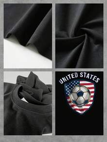 Soccer Ball On A Shield With The American Flag Symbolizing Sports Passion And National Pride. Women's 100% Cotton Comfortable Casual Short-Sleeved T-Shirt For Everyday Wear. - 黑色 - 查看 4