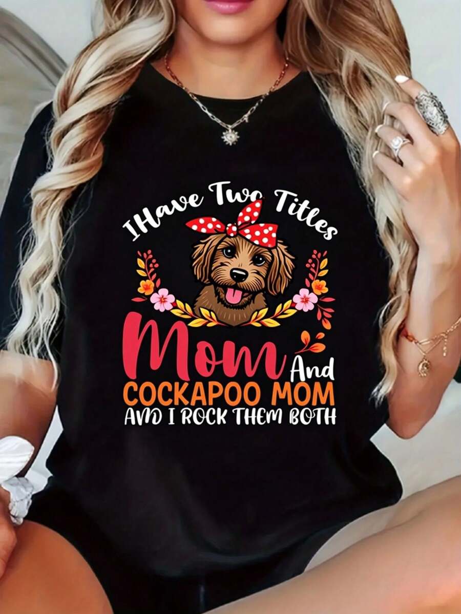 Camiseta 100% Algodón - 1 prenda divertida de ropa de invierno para mujer - corte holgado, adecuada para mamás de Cocker Spaniel y mamás en general, ropa casual con estampado, cuello redondo, manga corta, top de moda casual, atuendo elegante para fiestas, diseño divertido, regalo para las fiestas, uso diario, camiseta para estar en casa. - Negro - Ver 1