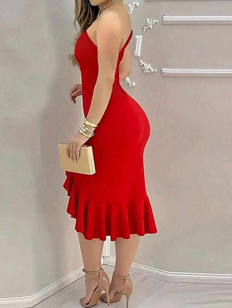 midi elegante y ceñido de mujer con volante en el bajo, cuello asimétrico y abertura - Rojo - Añade 3