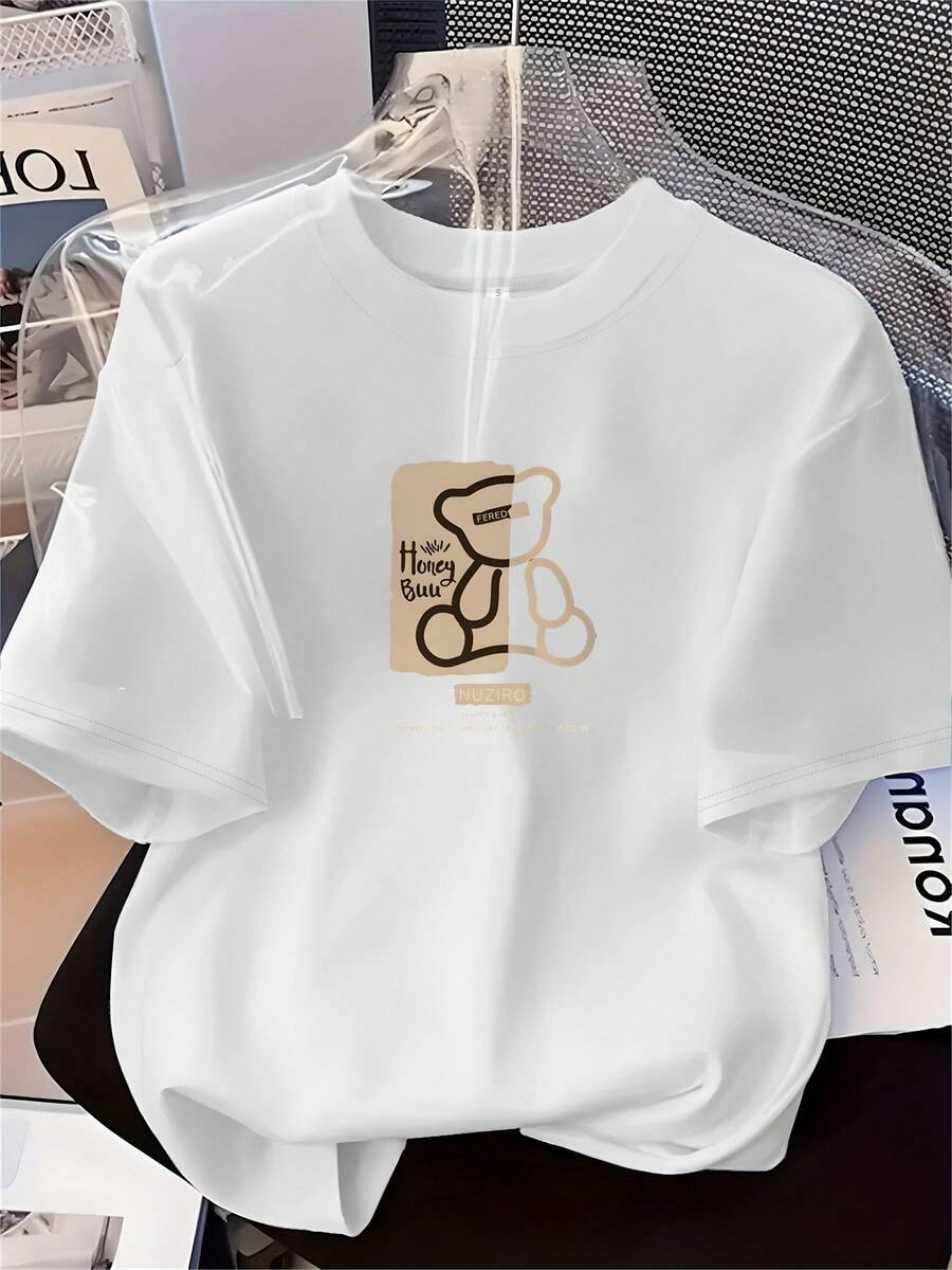 Women's T-Shirt [Circle Pattern] Fashionable Printed T-Shirt For Women, Soft, Versatile, With A Cute Bunny Pattern, Soft And Comfortable, Short Sleeve Printed T-Shirt, Suitable For Casual Wear, Fashionable Blouses For All Seasons For Women. - 白色 - 查看 1