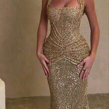 Top Fashion Picks Summer 2026 Spring/Summer New Arrival: Women's Stylish Sequin-Embellished Halter Dress - INS Style, Vacations & Parties; Casual, Slimming, Elegant, And Versatile Sleeveless Maxi Dress Sequin,Bodycon ,Hem,,Dress Formal Wear, Fitted, Sequined, Dresses, Evening Gowns, Formal Dresses - Vàng - Xem 4