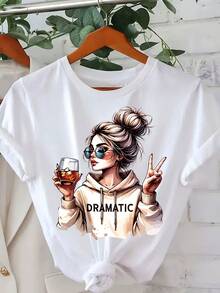 Soft 100% Cotton "DRAMATICA" T-Shirt, 1 Piece, Short-Sleeved T-Shirt With A Round Neck And  Print For Women, Casual And Comfortable For Everyday Wear, Print Combined With A Comfortable Round Neck, The Perfect Choice For Summer. Breathable Cotton T-Shirt, Goes With Everything. - 白色 - 查看 1