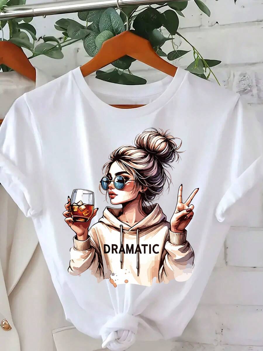Soft 100% Cotton "DRAMATICA" T-Shirt, 1 Piece, Short-Sleeved T-Shirt With A Round Neck And Print For Women, Casual And Comfortable For Everyday Wear, Print Combined With A Comfortable Round Neck, The Perfect Choice For Summer. Breathable Cotton T-Shirt, Goes With Everything. - 白色 - 查看 1