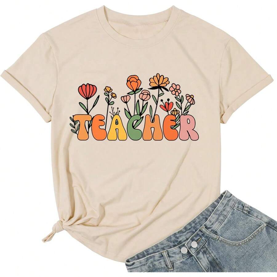 Camisadefloresparamujerconletrasinspiradorasparaelregresoalaescuela,enseñanza,jardíndeinfantes,maestras - Albaricoque 1 - Ver 1