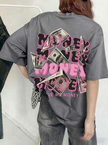 Women's Round Neck Printed Short Sleeve T-Shirt, Casual Loose Fit, Super Soft & Comfortable Fabric, Ins Street Fashion Style, Classic All-match Graphic Tee, Breathable Lightweight Daily Basic Top, Perfect for Daily Wear, Casual Vacation, Office Commute, Outdoor Going Out, Weekend Gathering, Shopping and Leisure Activities, Ladies Trendy Oversized Casual Pullover T-Shirt - Gris oscuro - Ver 2