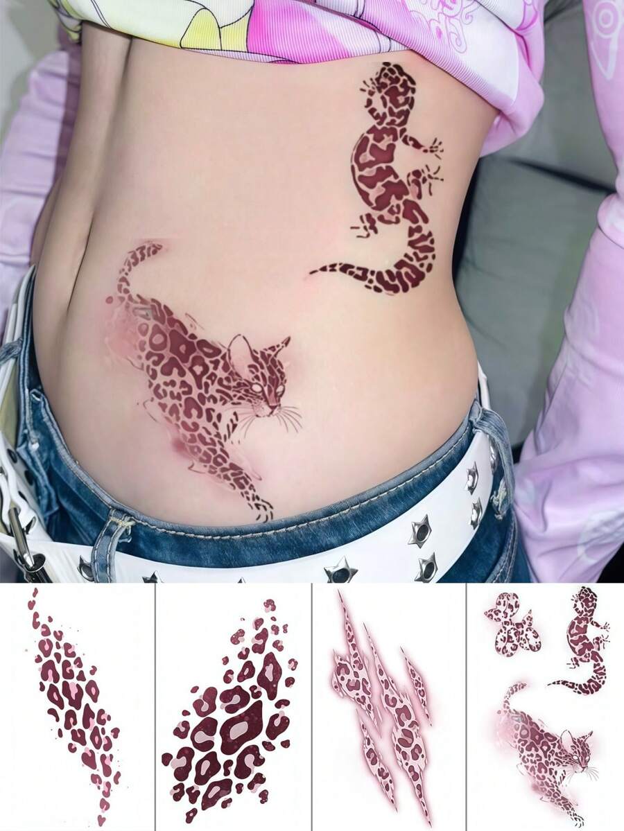 4 Sheets Leopard Tattoos Stickers Waterproof Sexy Body Tattoo Y2K Temporary Tattoos For Women Birthday Party Daily Makeup Rave Accessories - Multicolor - View 1