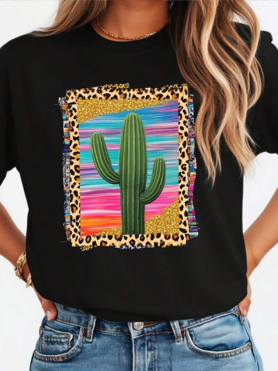 Bohemian Women's T-Shirt With Cactus And Leopard Print - Loose Fit Short Sleeve Summer T-Shirt With Cactus And Rainbow Stripe Design, Breathable, Casual, Black With Shiny Gold Trim (Machine Washable) - Loose H-Cut, Ideal For The Beach - 黑色 - 查看 1