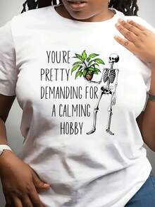 Women's Vintage Green T-Shirt - Gothic Print Of Plants, Skulls And Cactus, With The Slogan "Your Calming And Demanding Fan" - Casual White And Green Gothic T-Shirt For Plant Lovers, Suitable For All Seasons. - 白色 - 查看 7