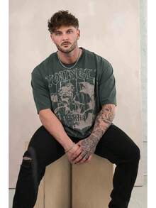 Unisex YLA 240GSM Cotton Tee, Oversized Loose Fit Round Neck Short Sleeve Gym Workout Daily Wear ,YOUNG T-Shirt - 黑綠色的頭骨 - 查看 3