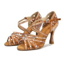 Giày khiêu vũ Latin màu đồng, giày khiêu vũ đế mềm dành cho nữ, phù hợp cho điệu nhảy Tango và Salsa, giày dạ hội bằng lụa, giày cưới lấp lánh, giày khiêu vũ chuyên dụng cho luyện tập thi đấu, gót vuông cao 9cm. - Đồng - Xem 5