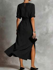 HUTENER Women's Mid-Length Solid Color Waist Cinched Side Slit Dress, Short Sleeve Round Neck, Essential For Commuting And Gatherings, Spring/Summer Black Elegant - Black - View 4