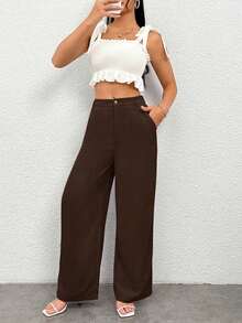 Pantalones anchos de unicolor informal para mujeres - Café integral - Ver 7