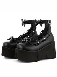 Womens Platform Ankle Boots Combat Gothic Punk Boots Round Toe Wedge Heel Bow Design Comfy Adjustable Strap Short Boots For Ladies Slip On Party Shoes Nightclub Wedding Dressy Outdoor Riding Hot Weather Breathable Summer Boots For Women - 黑色 - 查看 9