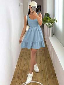 Vestido casual de mujer de unicolor con volantes en el bajo, para verano - Azul - Ver 3