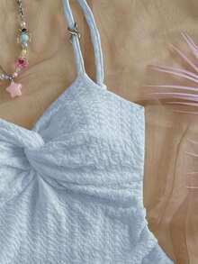 Vestido mini ajustado con cintura ceñida, bajo con volantes y giro asimétrico en el pecho, tejido en rojo, adecuado para vacaciones, citas, té de la tarde, vacaciones, festivales de música, estilo bohemio - Celeste - Ver 5