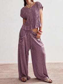 BohoFeels Set de 2 piezas: Camiseta de punto holgada de cuello redondo de unicolor y pantalones anchos de cintura alta para mujer - Púrpura polvoriento - Ver 4
